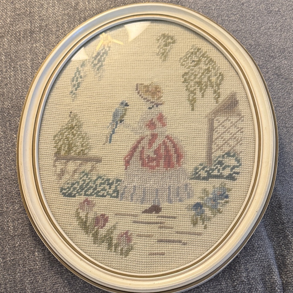 1947 Vintage Embroidered Wall Art with Lady and Bird